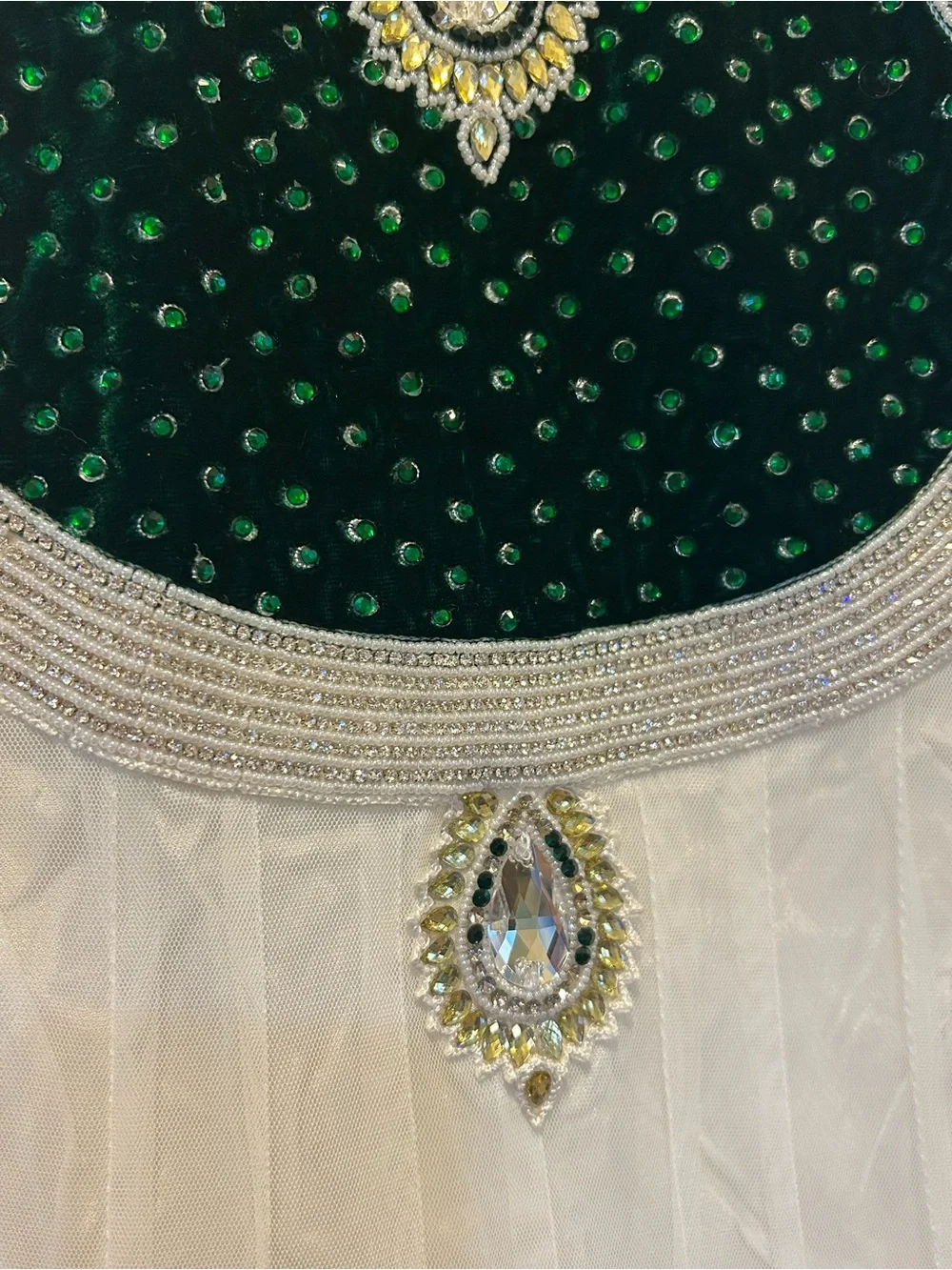 Lily Fashion Green Velvet Evening Top with Crystal Teardrop and Bead Embellment